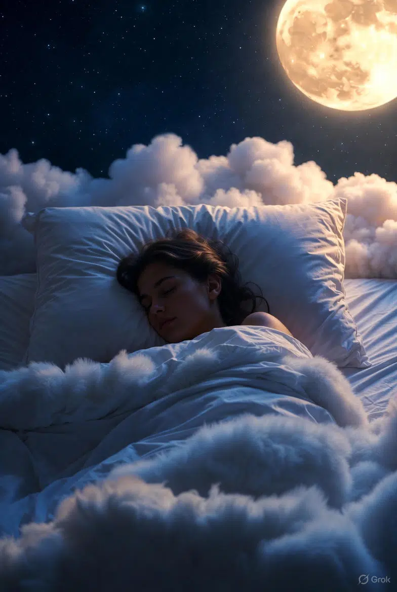 Person sleeping among fluffy clouds.